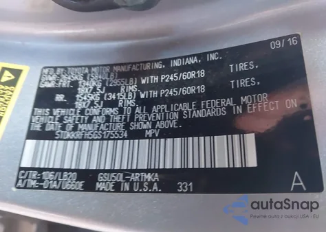 2016 Toyota Highlander Xle V6 из США, поврежденный, VIN 5TDKKRFH5GS175534